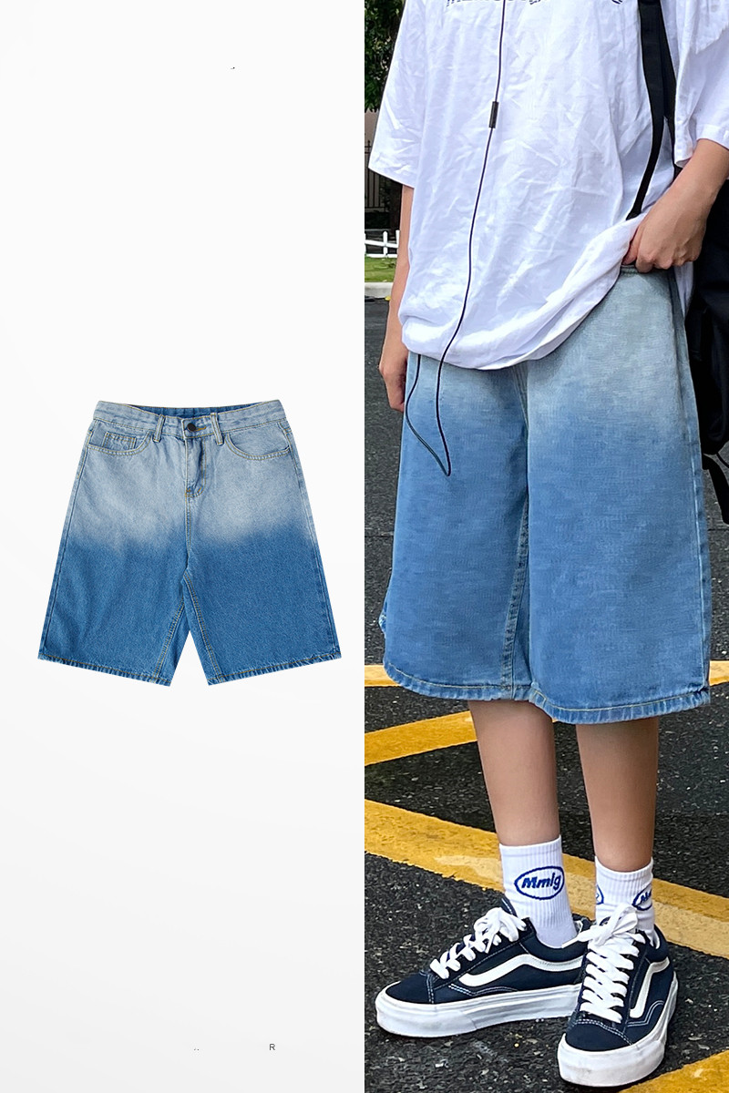 Gradient Denim Shorts Men''s Versatile Ins Loose Casual High Street