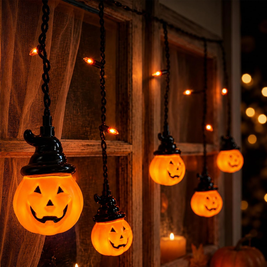 Halloween Pumpkin Curtain String Lights Plug-in 25 LED Decor