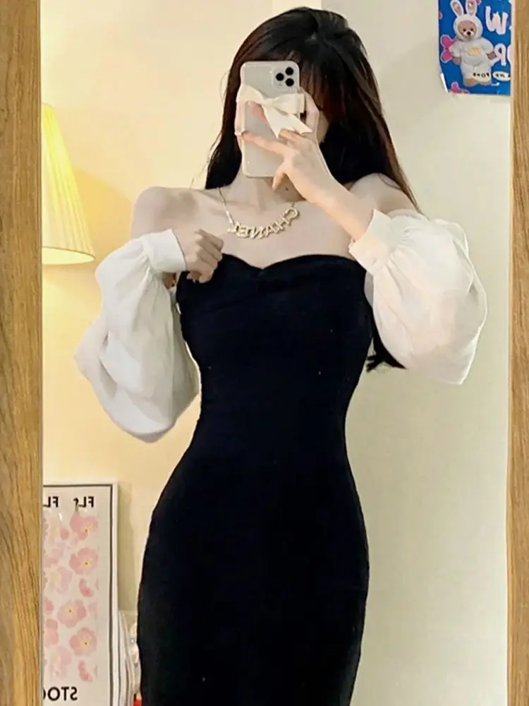 Black One-line Shoulder-top Dress Female