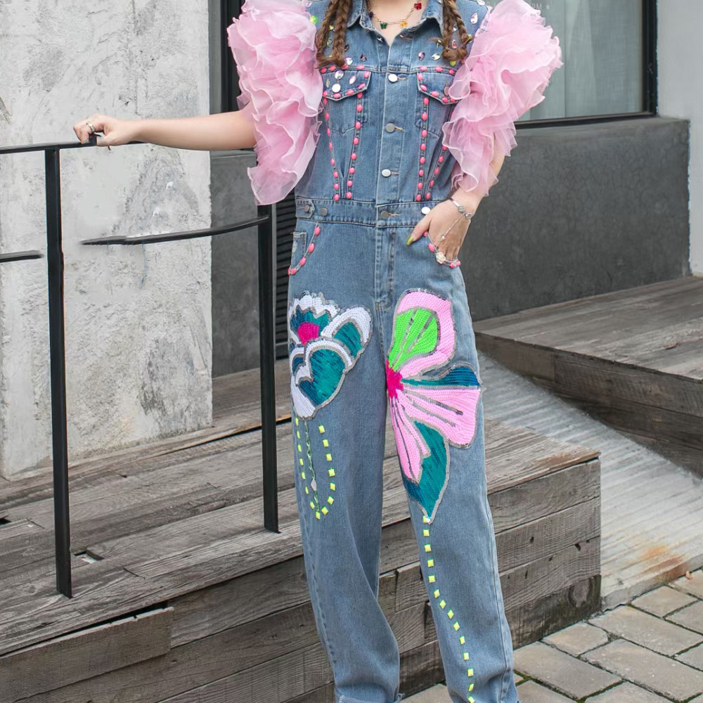 Sequin Flower Rhinestone With Mesh Flying Sleeve Denim Jumpsuit - Image 4