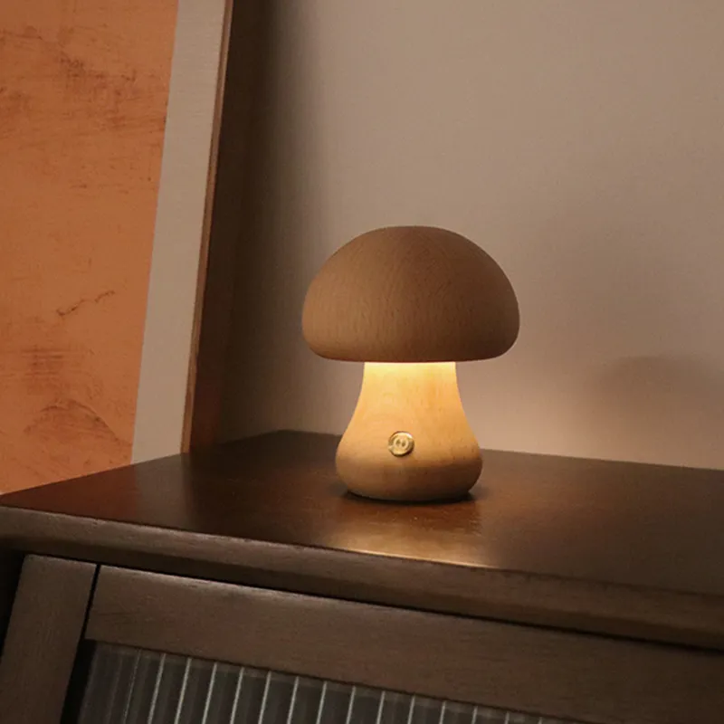 INS Wooden Cute Mushroom LED Night Light With Touch Switch Bedside Table Lamp For Bedroom Childrens Room Sleeping Night Lamps Home Decor – image 6