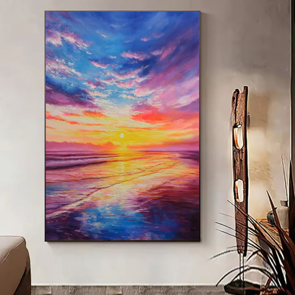 Modern Boho Vivid Hand Painted Heavy Colorful Textured Colorful Sunset Seascape Oil Painting For Home Living Room Wall Art Decor Rolled Frameless Unstretched Painting