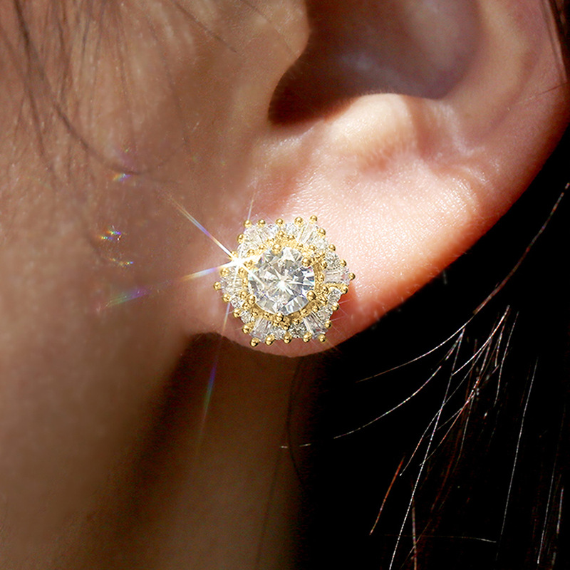 1 Pair Sparkly Hexagon Full Cubic Zirconia Stud Earrings For Women, Luxury Shiny Hypoallergenic Earrings For Daily Wear Wedding Party