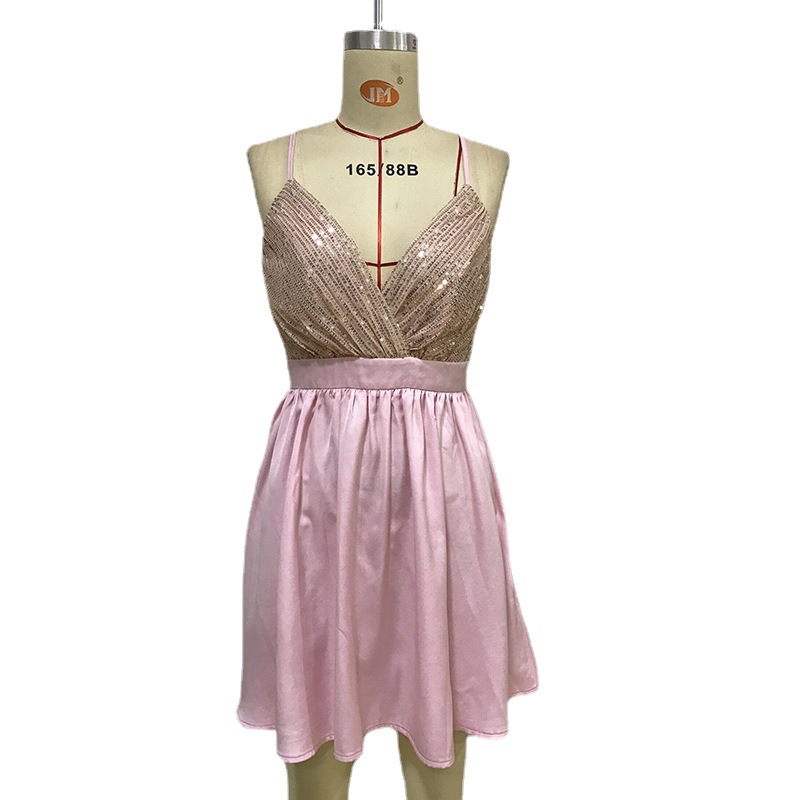 Sexy Low-cut V-neck Sequined Suspender Dress With Chest