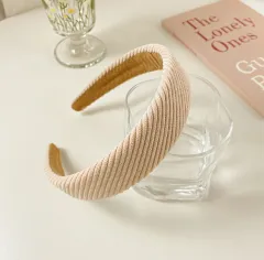 Wide Version Thick Solid Color Striped Plaid Headband - Beige - View 1