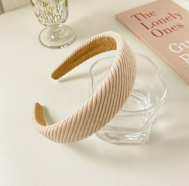 Wide Version Thick Solid Color Striped Plaid Headband Beige - Shop at LoveMi