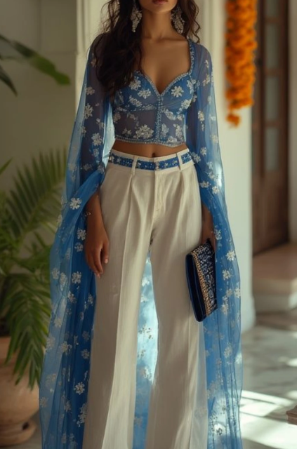 Sheer Embroidered Cape-Overlay Top With Floral Bustier-Blue Statement Blouse