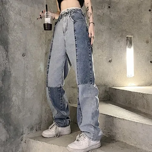 Women's Harajuku Style Retro Colorblock High Waist Jeans Blue - Shop at LoveMi