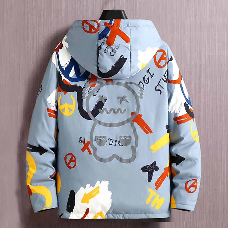 Men's Short Padded Hooded Graffiti Jacket