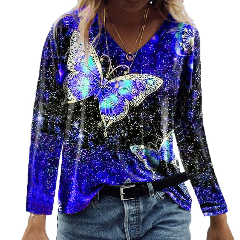 Title 7, Casual Top V-Neck Butterfly Print Loose Long Sl...