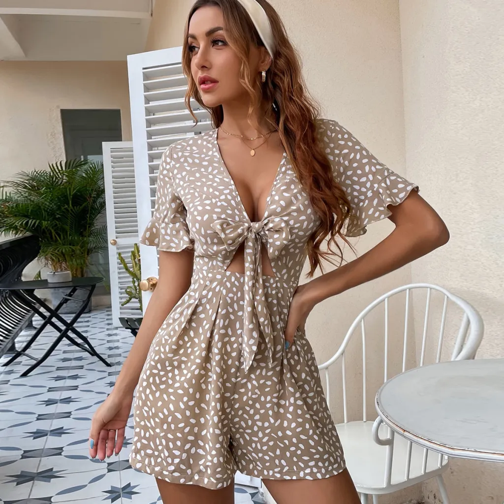 Long-sleeved one-piece dress pleated lace all-match sexy jumpsuit - Apricot Color