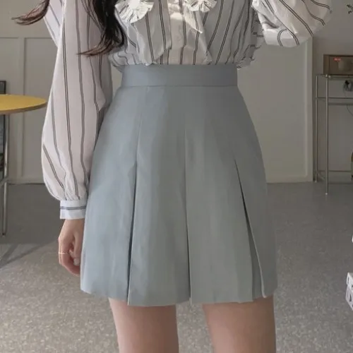Pure Color Versatile Loose And Thin Pleated Skirt Blue - Shop at LoveMi