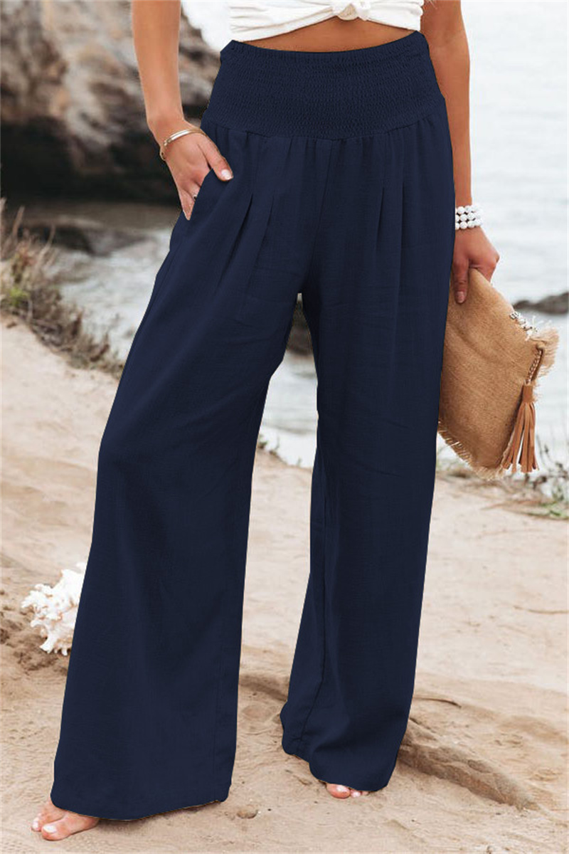 Women's Pants Casual Wide Leg Cotton Linen Loose Trousers Navy - Shop at LoveMi