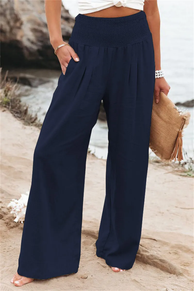 Women's Pants Casual Wide Leg Cotton Linen Loose Trousers - Navy