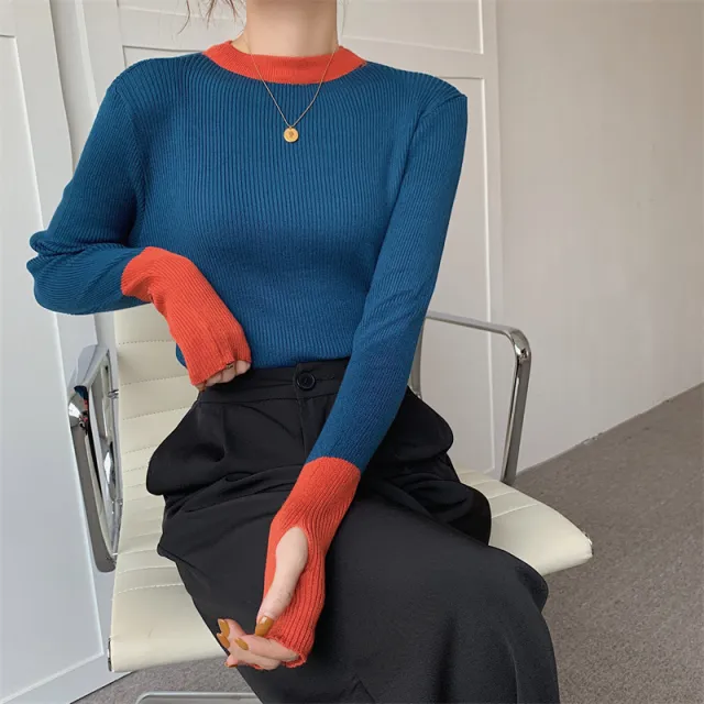 Women's Contrast Sweater Design Knit Top Dark Blue - Shop at LoveMi