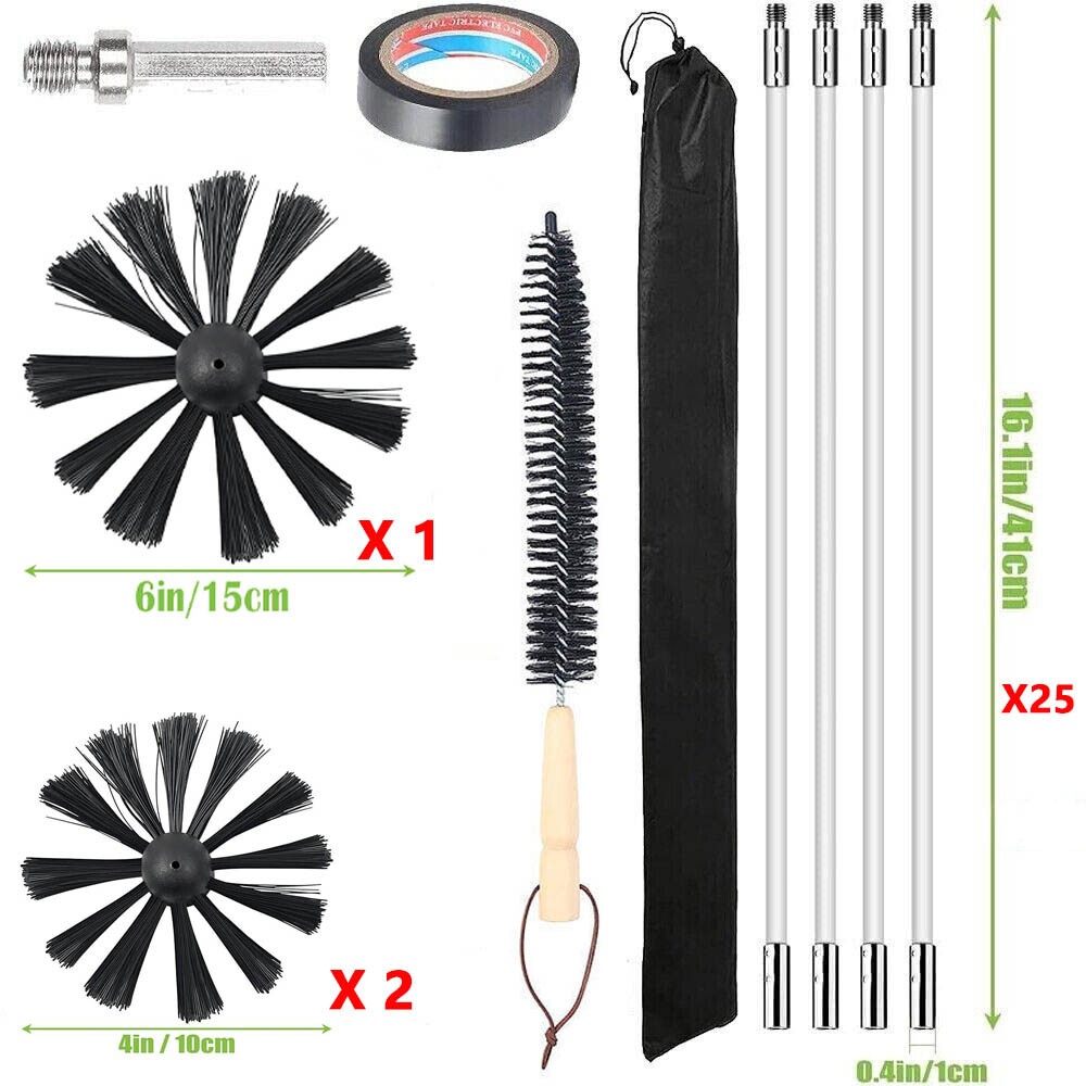 32x Flexible Chimney Sweep Set Flue Sweeping Brush & Rod Kit Soot Cleaning Rods