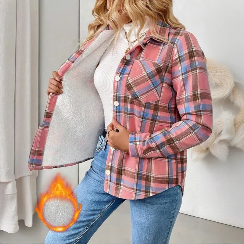 Women's Checkered Fleece Lined Shacket, Plaid Button Down Shirt Jacket With Chest Pockets, Fall Winter Outerwear Coat - Pink