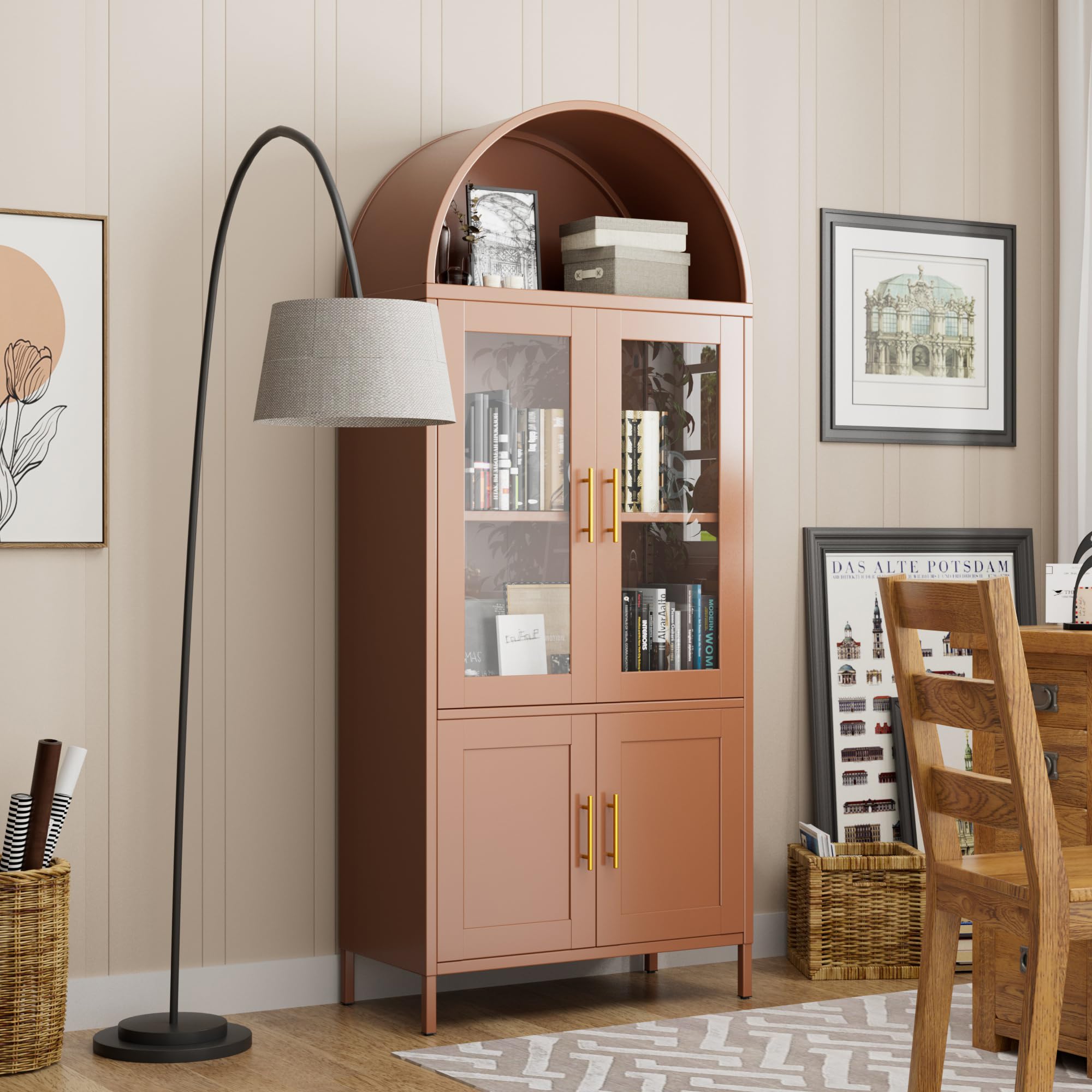 Metal Arched Bookcase Cabinet With 4 Doors,Arched Kitchen Pantry Cabinet For Home Office Living Room,Required Assembly,Brown