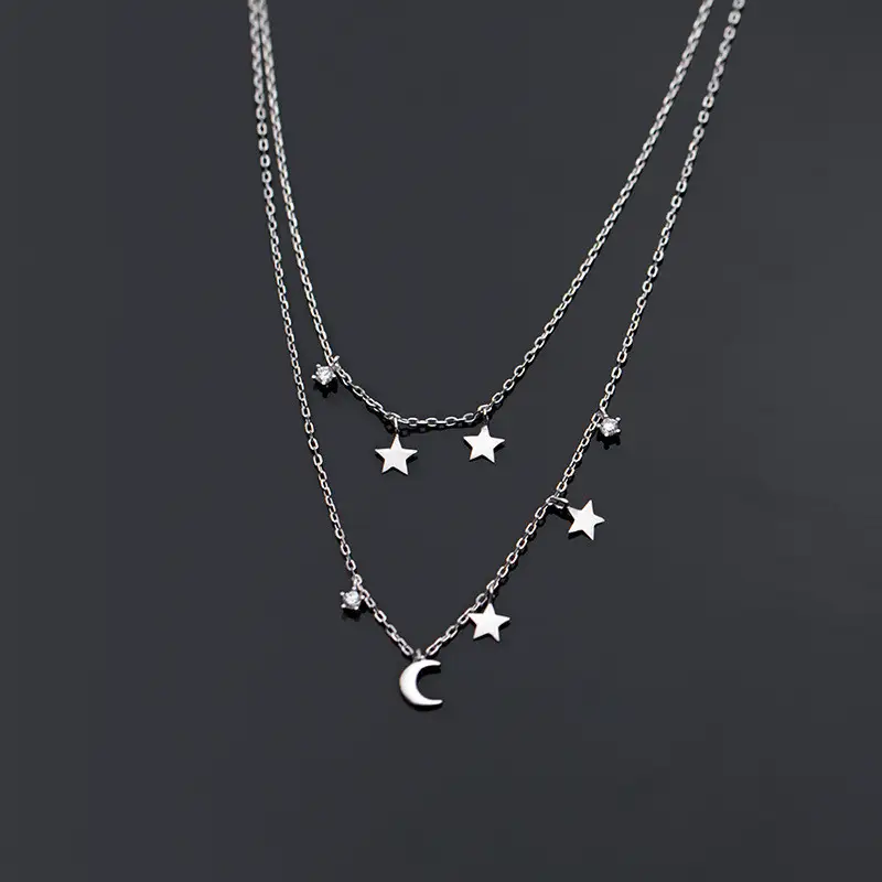 Sweet Double-layer Star And Moon Necklace Femininity With Diamonds