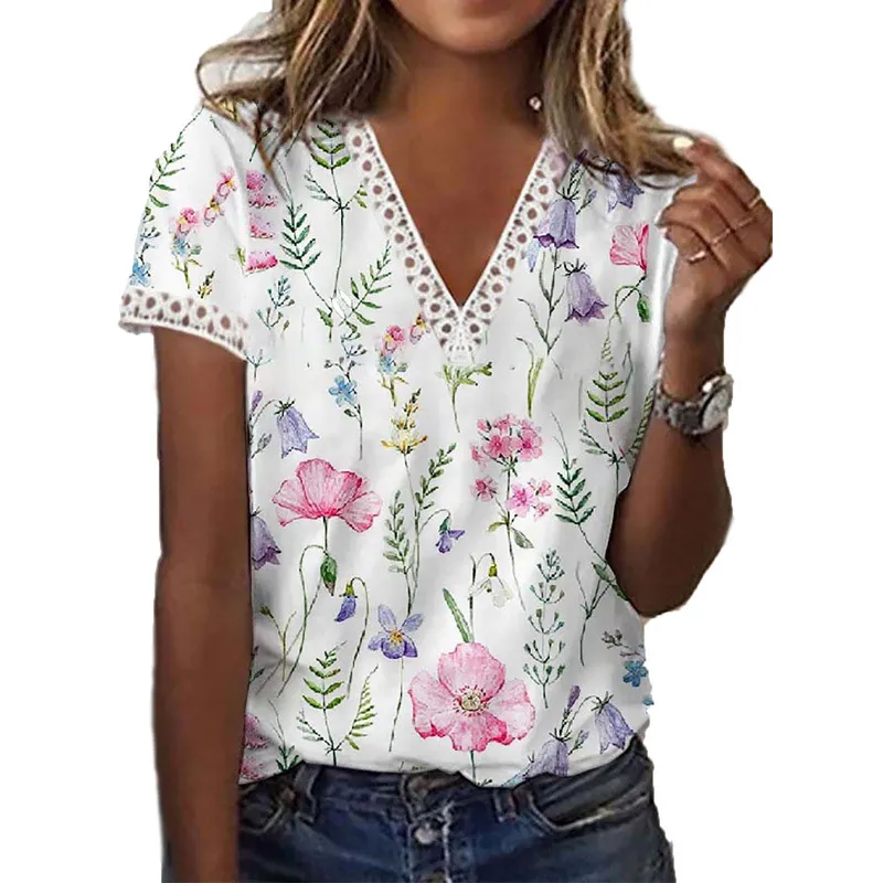 Printed V Neck Short Sleeved T Shirt - White