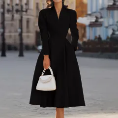Women's V-Neck Long Sleeve Midi Dress With Pockets - Elegant Swing A-Line Party Dress For Wedding Guest - Black - View 1