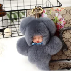 Rex Rabbit Fur Plush Sleep Doll Keychain - Grey - View 1