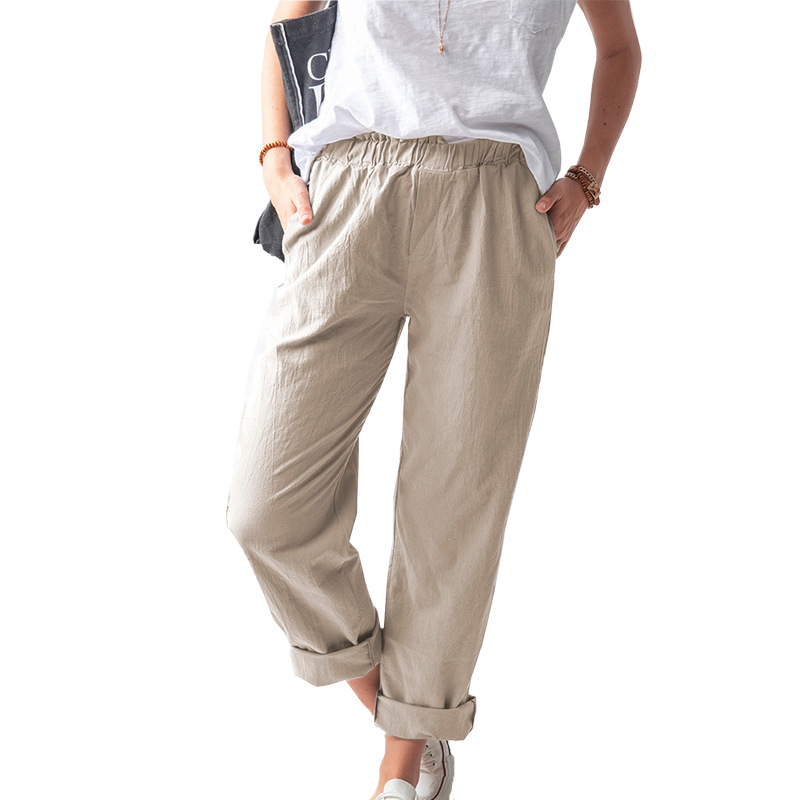 Title 5, Effen Kleur Casual Broek met Elastische Hoge Ta...