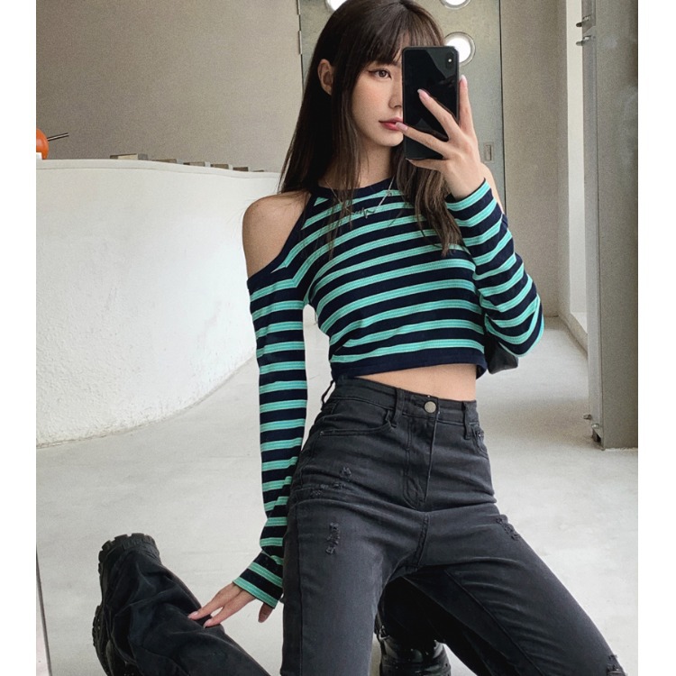 Off Shoulder Striped Long Sleeved T Shirt Women