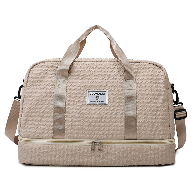 Solid Color Travel Duffle Bag With Ruched Design Portable Luggage Bag Dry And Wet Separation Fitness Gym Shoulder Bag For Weekender Overnight Handb... Khaki - Shop at LoveMi