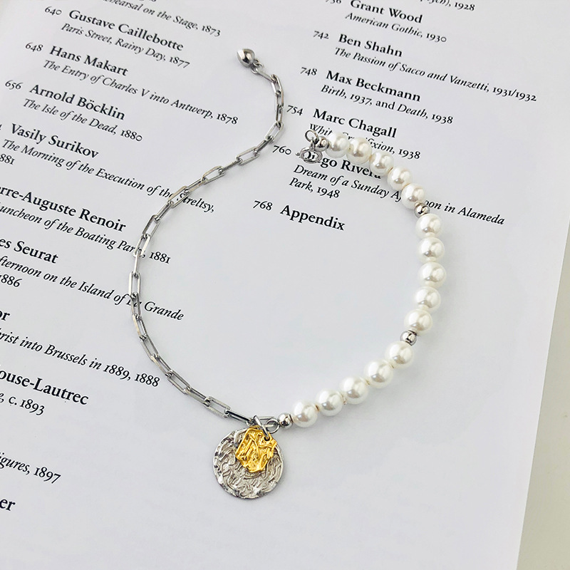 S925 Sterling Silver Creative Asymmetric Cold Wind Portrait Coin Pearl Bracelet