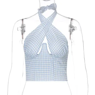 Women's New Cross Straps Wrap Chest Zipper Plaid Vest - Blue