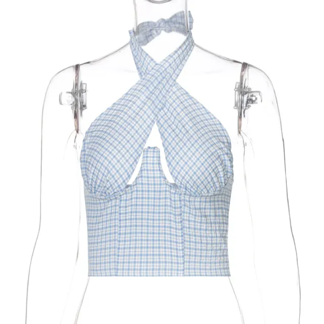 Women's New Cross Straps Wrap Chest Zipper Plaid Vest Blue - Shop at LoveMi