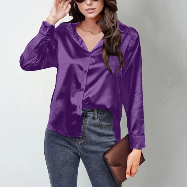 Women's Elegant Satin Lapel Shirt, Long Sleeve Button Down Blouse For Casual And Office Wear Purple - Shop at LoveMi