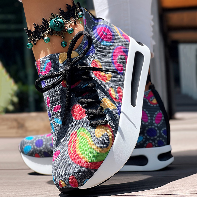 Women's Random Print Side Lace-Up Elastic Sport Shoes, Comfortable Slip-On Sneakers For Women, Casual Daily Wear Footwear — foto 6