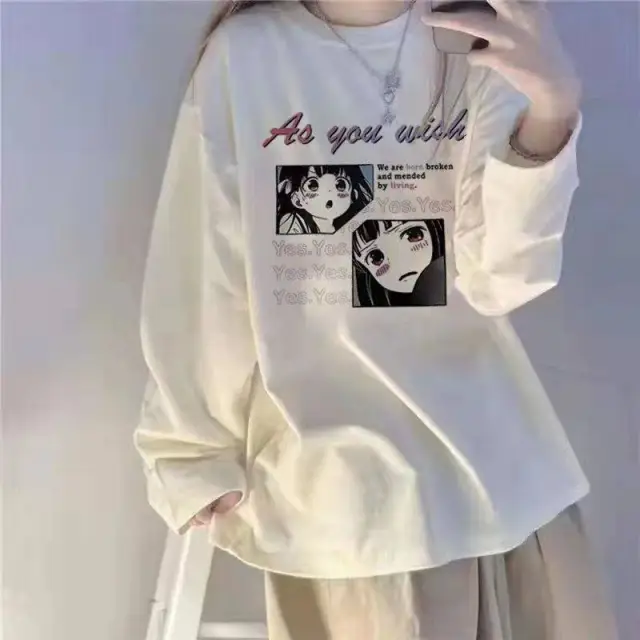 New Personalized Printed Loose And Versatile Long Sleeved T shirt For Women Two Cartoon Girls - Shop at LoveMi