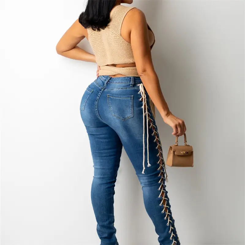Women's Fashion Wear Rope Elastic Slim Fit Denim Pants