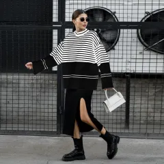 Women's Turtleneck Knitted Striped Loose Sweater - Black Background - View 1
