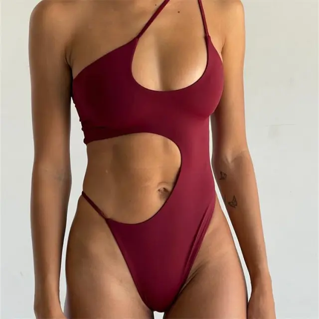 New Triangle Waist Cutout Sexy Bikini Swimsuit Wine Red - Shop at LoveMi