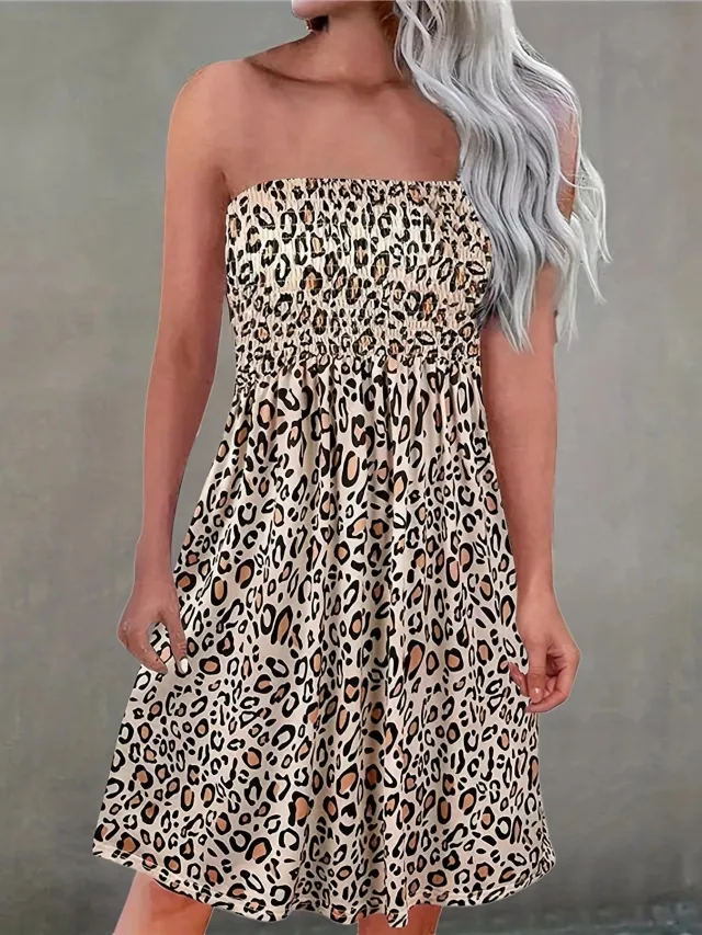 One Line Collar Printed Casual Vacation Dress Leopard Print - Shop at LoveMi
