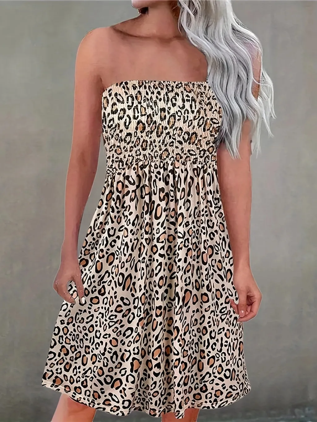 One Line Collar Printed Casual Vacation Dress - Leopard Print