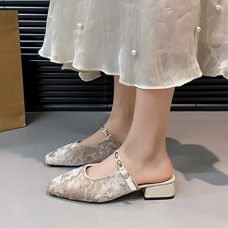 Satin Square Toe Toe Cool Slippers For Women, Summer Thick Heels, Half Drag Single Shoes