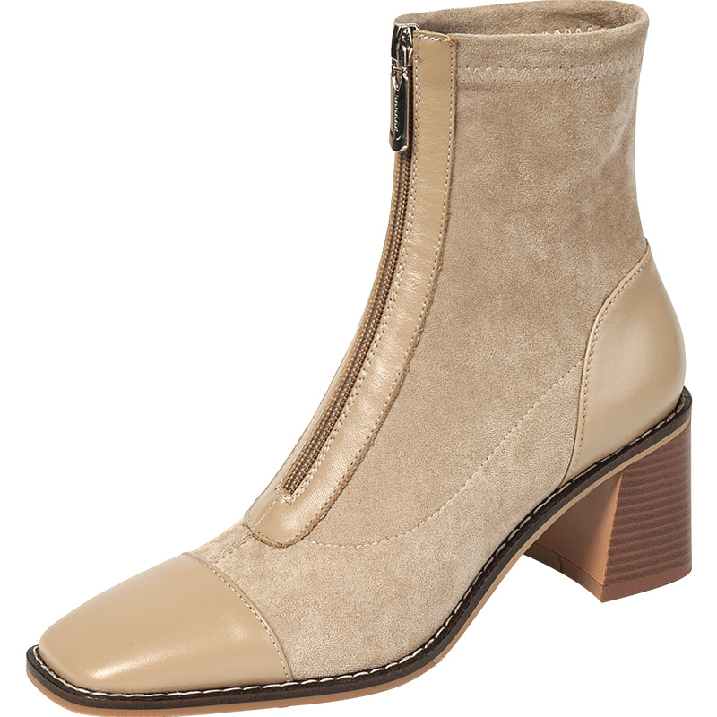 Front Zipper Leather Stitching Stretch Boots