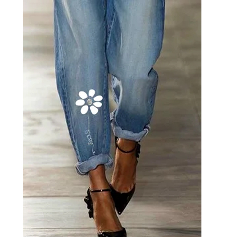 Top Straight Print Cut All-match Jeans