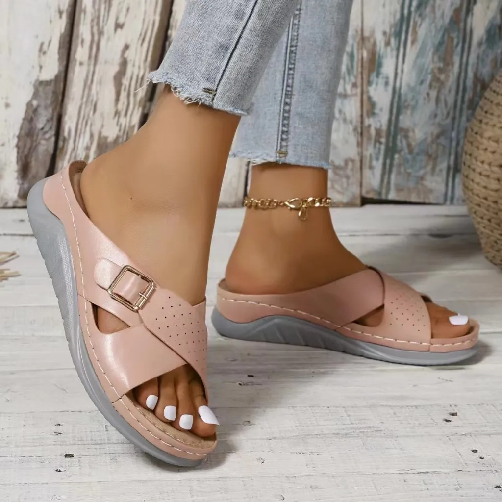 New Buckle Cross-design Slippers Summer Wedges Sandals Fashion Women's Beach Shoes - Lotus-Size41