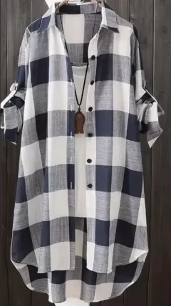 Plus Size Plaid Print Casual Collared Long Sleeve Shirt, Women's Buttons Shirt - Blue And White - View 1
