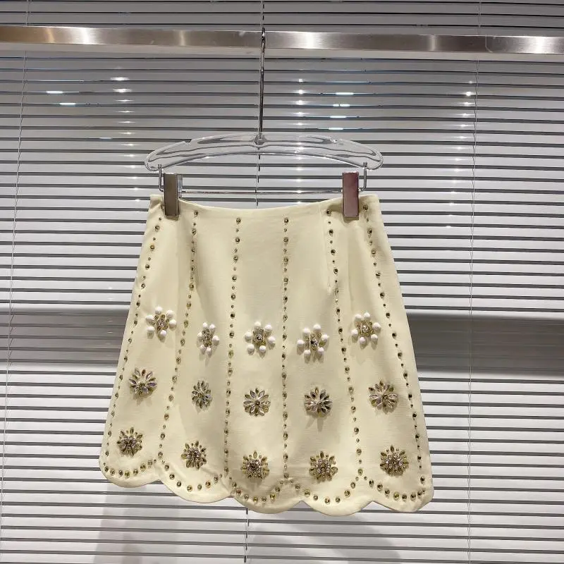 Handmade Three-dimensional Rhinestone Flower Beaded Gradient A-line Skirt - White