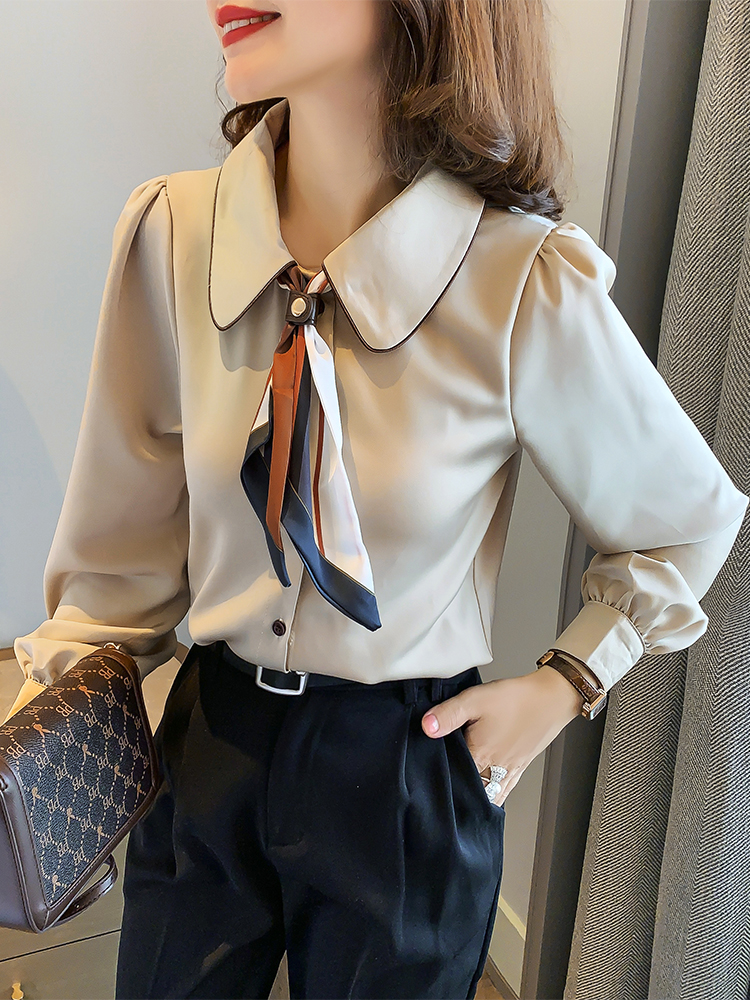 Doll Collar Silk Scarf Bow Tie Long Sleeve Shirt