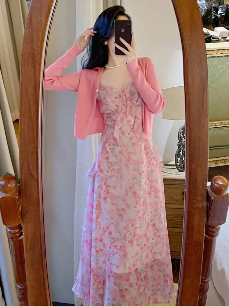 Pink Floral Halter Dress Two-piece Suit