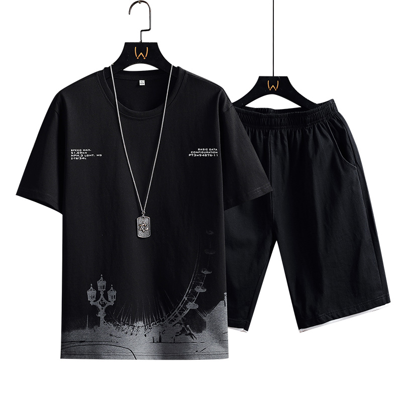 New Cotton Men's Casual Sports Loose Shorts Round Neck T-shirt Suit