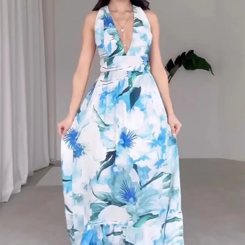 Women's Off-shoulder Backless Printed Chiffon Dress
